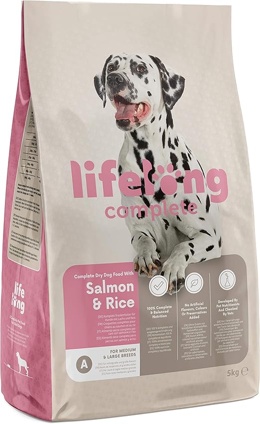 Amazon Brand - Lifelong - Complete Dry Dog Food with Salmon & Rice for Medium and Large Breeds, 1 Pack of 5kg