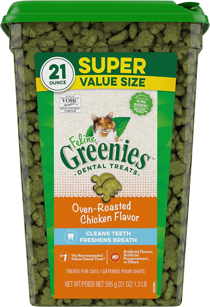 FELINE GREENIES Natural Dental Care Cat Treats Oven Roasted Chicken Flavor, 21 oz. Tub