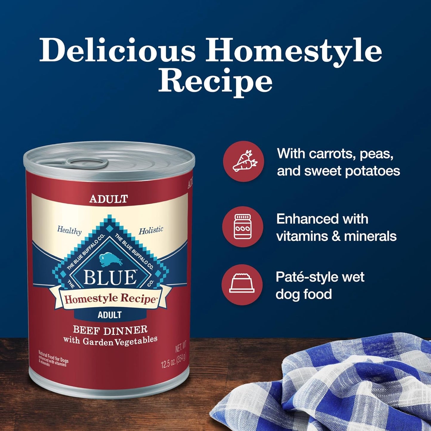 Blue Buffalo Homestyle Recipe Adult Wet Dog Food, Made with Natural Ingredients, Beef Dinner With Garden Vegetables, 12.5-oz. Cans (Pack of 12)