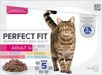 Perfect Fit 1+ Adult Mixed Selection in Sauce 48 Pouches, Complete Premium Wet Cat Food, Pack of 4 (12 x 85 g)