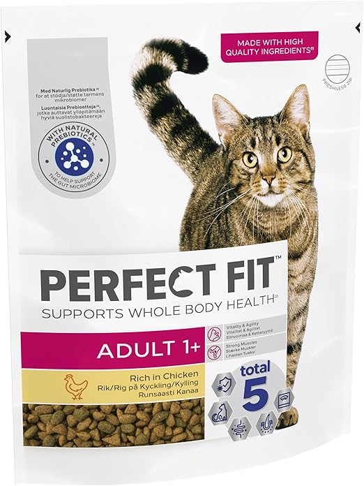 Perfect Fit Adult 1+ Complete Dry Cat Food for Adult Cats Aged 1+ Years, Rich in Chicken, 4 Bags (750 g)