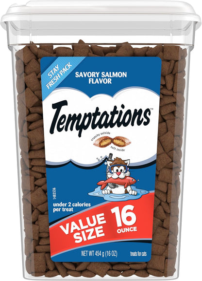 TEMPTATIONS Classic Crunchy and Soft Cat Treats Savory Salmon Flavor, 16 oz. Tub