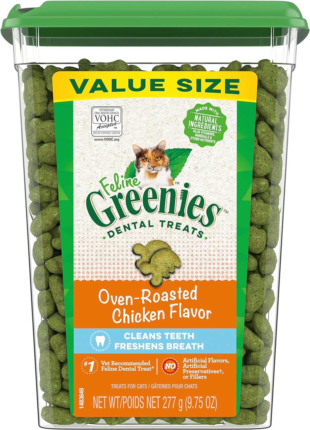 FELINE GREENIES Adult Dental Cat Treats, Oven Roasted Chicken Flavor, 9.75 oz. Tub