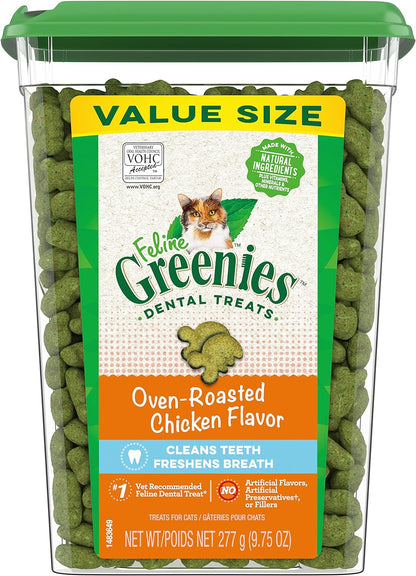 FELINE GREENIES Adult Dental Cat Treats, Oven Roasted Chicken Flavor, 9.75 oz. Tub