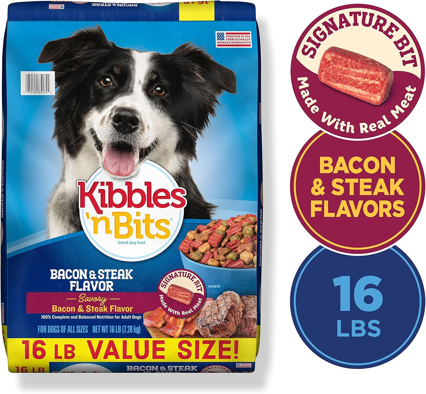 Kibbles 'n Bits Savory Bacon & Steak Flavor Dry Dog Food, 16 lb. Bag