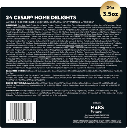 CESAR HOME DELIGHTS Adult Wet Dog Food Pot Roast & Vegetable, Beef Stew, Turkey Potato & Green Bean, and Hearth Chicken & Noodle Variety Pack, 3.5 oz. Easy Peel Trays, Pack of 24