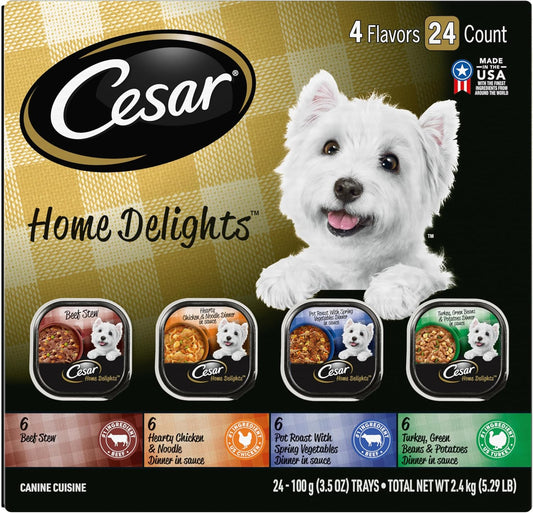 CESAR HOME DELIGHTS Adult Wet Dog Food Pot Roast & Vegetable, Beef Stew, Turkey Potato & Green Bean, and Hearth Chicken & Noodle Variety Pack, 3.5 oz. Easy Peel Trays, Pack of 24